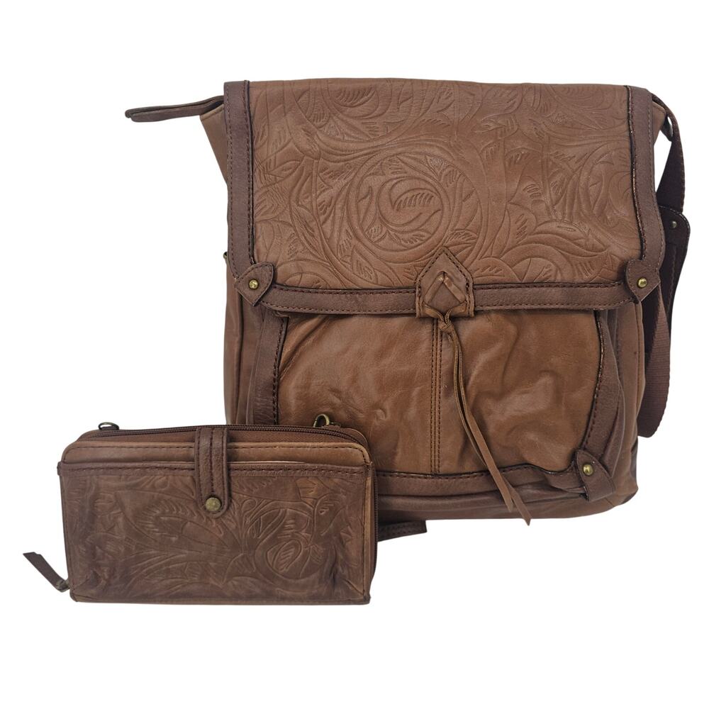 The Sak Ventura Backpack & Zip Around Wallet Leather Floral Emboss Western Boho